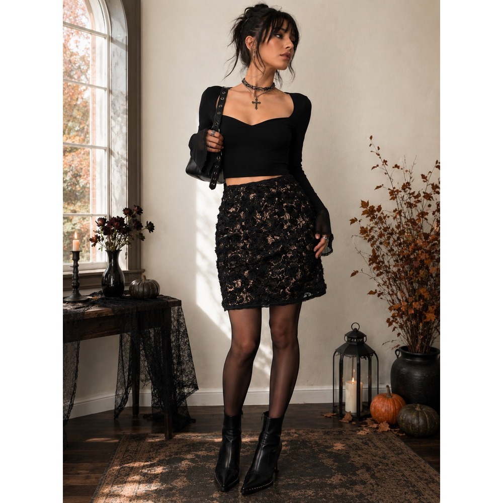 MSSP Max Studio Black Floral Lace Mini Skirt Tan Lining Size 4 Gothic Romantic